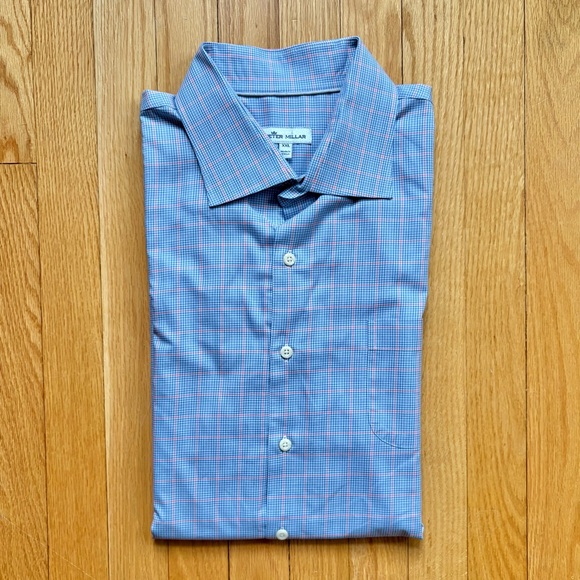 Peter Millar Men’s Long Sleeve Performance Dress Shirt 2XL Blue Pink Plaid - Picture 1 of 3